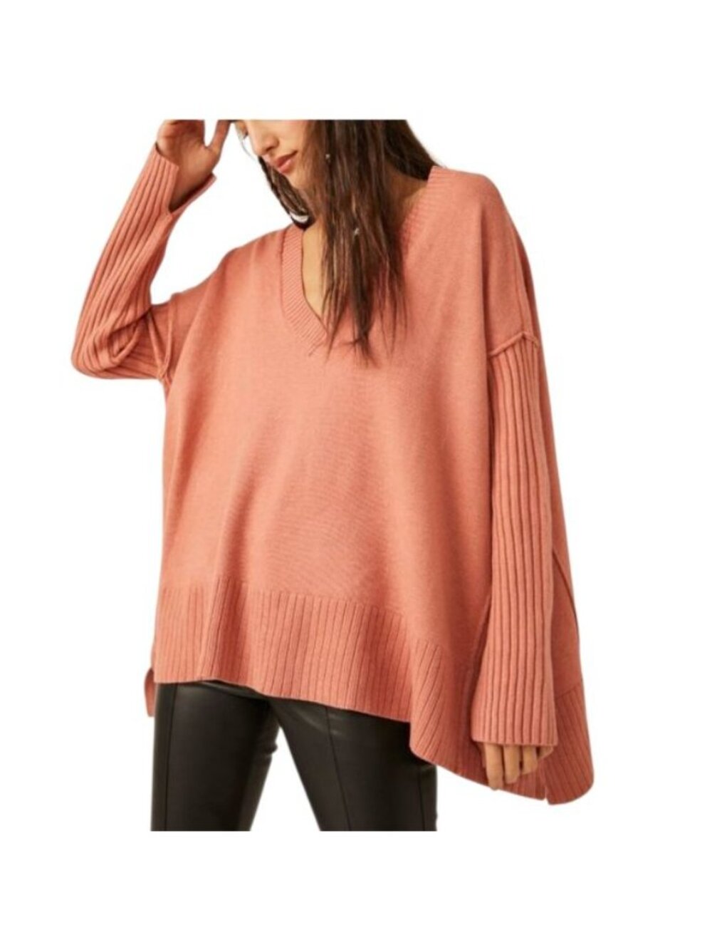 Free People Orion Tunic Sweater Peach Size Medium Oversized Slouchy Boho Cozy
